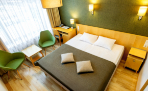 Hotell Tartu Standard kahekohaline tuba linnuperspektiivist -roheliste toolidega double tuba Tartus